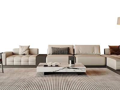 Modern Leather Sofa Coffee Table Set With Decorative Pillows Marble Top On Striped Carpet 3d model