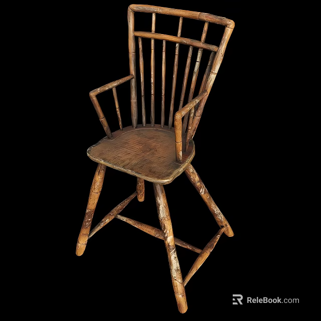 Rustic Wooden Spindle Back Lounge Chair With Slat Seat Curved Armrests And Cross Legs 3d model 
