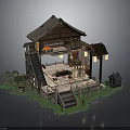 Japanese Traditional Wooden Furniture With Tatami Mats Tables Chairs And Lanterns In Garden Structure