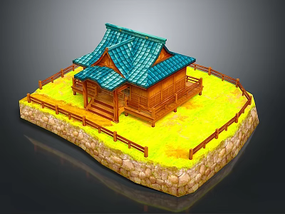 Japanese Style Wooden House With Blue Tiled Roof And Fenced Grass Yard On Stone Base 3d model
