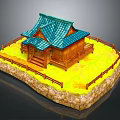 Japanese Style Wooden House With Blue Tiled Roof And Fenced Grass Yard On Stone Base