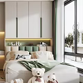 Modern Tatami Bedroom Interior With Green Storage Cabinets Stuffed Toys Desk And Rug