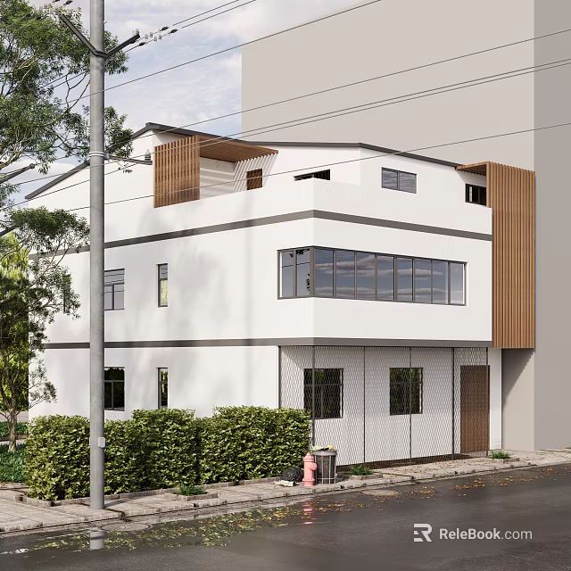 Modern Two Story Building With White Exterior Large Glass Windows Wooden Accents And Greenery 3d model 