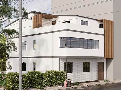 Modern Two Story Building With White Exterior Large Glass Windows Wooden Accents And Greenery 3d model