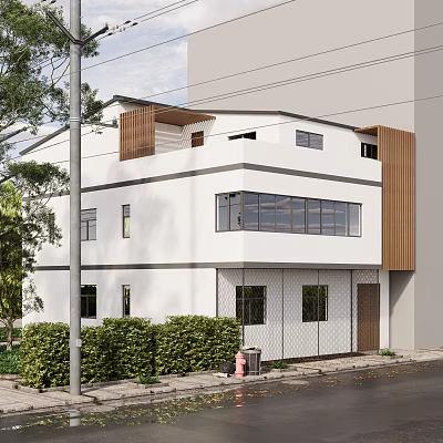 Modern Two Story Building With White Exterior Large Glass Windows Wooden Accents And Greenery 3d model