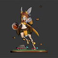 Fox Eared Girl Holding Red Item with Yellow Tail Among Butterflies on Green Base