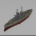 Vintage Warship 3D Model With Turrets Mast And Red Bottom Deck