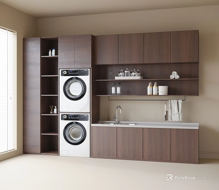 Modern Laundry Room Setup With Stacked Washer Dryer Cabinets Sink And Open Shelves 3d model 