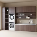 Modern Laundry Room Setup With Stacked Washer Dryer Cabinets Sink And Open Shelves