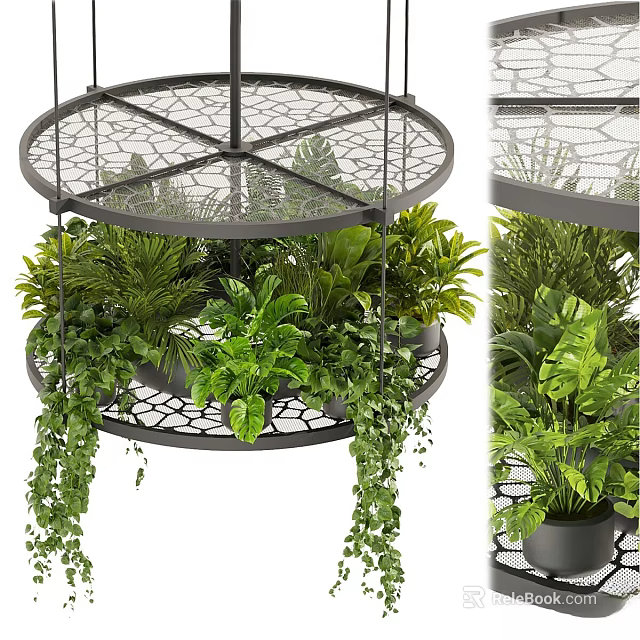 Multi Tiered Hanging Rack with Lush Green Potted Plants for Indoor Decor 3d model 
