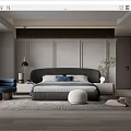 Modern Bedroom Interior With Gray Paneled Walls Dark Headboard And Blue Armchair
