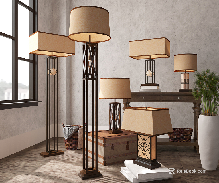 Modern Lamp Combination with Floor Table Lamps Beige Shades Metal Stands Indoor Decor 3d model 