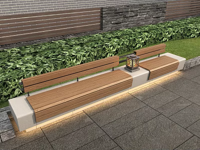 Outdoor Landscape Seats Featuring Wooden Benches Green Plants Lighting Stone Pavement And Brick Wall 3d model