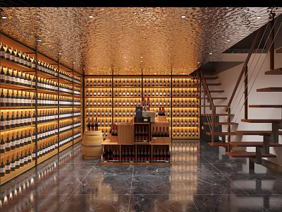 Luxurious Wine Cellar With Rows Of Wine Bottles And Staircase 3d model
