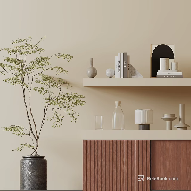 Decorative Ornament Combination on Minimalist Shelves with Neutral Wall Green Plant and Wooden Cabinet 3d model 