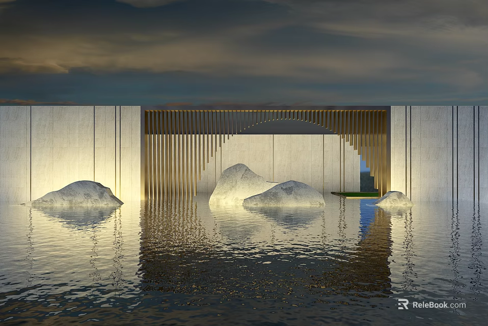 Serene Garden Landscape With Water Surface Stone Features And Wooden Grille Reflections 3d model 