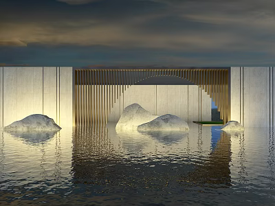 Serene Garden Landscape With Water Surface Stone Features And Wooden Grille Reflections 3d model