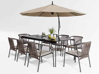 Stylish Black Metal Outdoor Patio Table With Wicker Chairs And Beige Umbrella 3d model