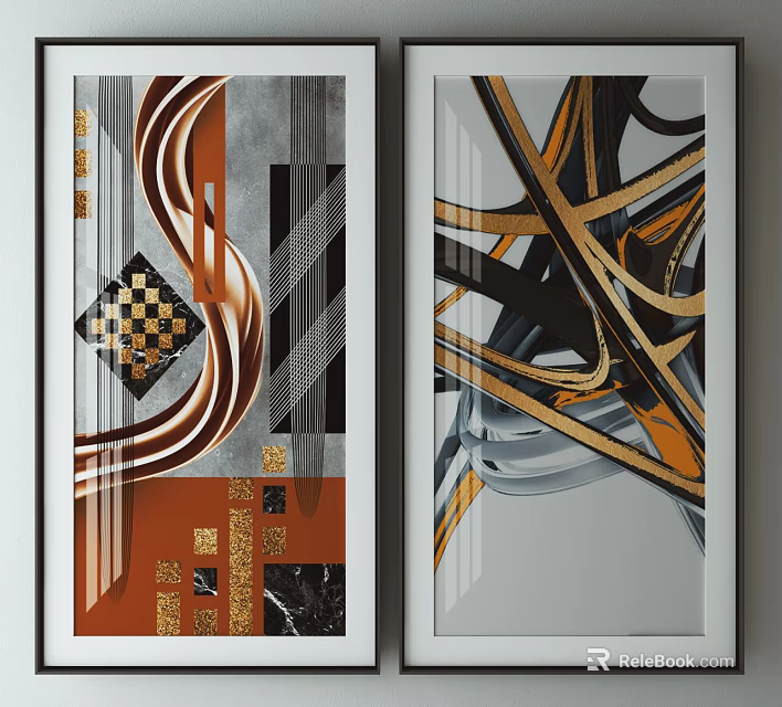 Modern Abstract Wall Art With Geometric Patterns And Metallic Gold Black Tones 3d model
