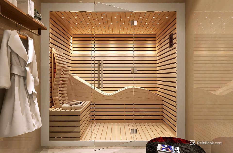 Modern Shower Sauna Interior Design With Wooden Paneling Glass Door And Seating Area 3d model 