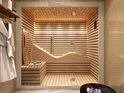 Modern Shower Sauna Interior Design With Wooden Paneling Glass Door And Seating Area 3d model