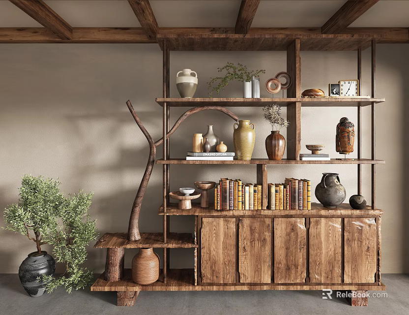 Decorative Ornament Set With Wooden Shelf Clay Pots Books And Green Plants 3d model 
