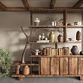 Decorative Ornament Set With Wooden Shelf Clay Pots Books And Green Plants
