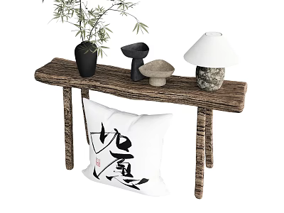 Wooden Side Table With Black Vase Mushroom Decor White Lamp And Calligraphy Cushion 3d model
