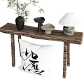 Wooden Side Table With Black Vase Mushroom Decor White Lamp And Calligraphy Cushion