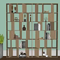 Modern Wooden Bookshelf with Grid Compartments and Decorative Items Near Green Plant