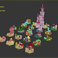 Toy Brick Castle And Various Surrounding Miniature Buildings With Colorful Designs