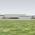 Modern Museum Building With Glass Facade Stone Wall And Green Lawn Design