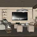 Modern Living Room Interior With Beige Sofa Large TV Wooden Ceiling And Unique Pendant Light