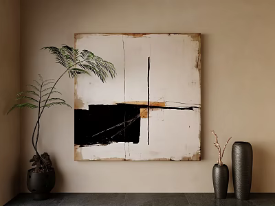 Abstract Painting Hanging On Beige Wall With Indoor Plant And Decorative Vases 3d model