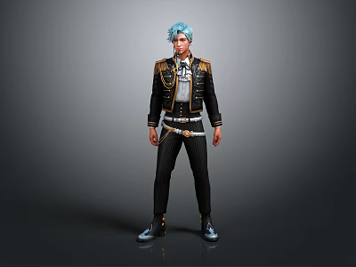 Game Movie Character with Blue Hair Wearing Black Jacket Gold Details Striped Pants and Boots 3d model