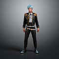 Game Movie Character with Blue Hair Wearing Black Jacket Gold Details Striped Pants and Boots