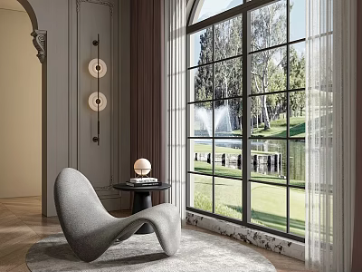 Arched Floor-to-Ceiling Windows Offering Scenic View of Trees Fountain and Lawn with Grey Curved Chair 3d model
