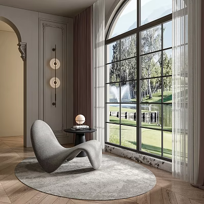 Arched Floor-to-Ceiling Windows Offering Scenic View of Trees Fountain and Lawn with Grey Curved Chair 3d model