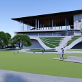 Modern Garden Landscape With Green Lawn Curved Pathways Geometric Structures And People Walking