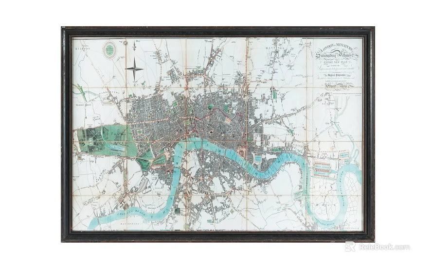 Antique Map Wall Decor With Black Frame City Layout River And Compass 3d model 