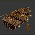 Classic Wooden Boat Interior With Wooden Oar Red And White Life Preservers And Buoys