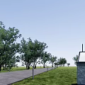 Outdoor Stone Pillar Lights Illuminating Pathway In Green Lawn With Trees
