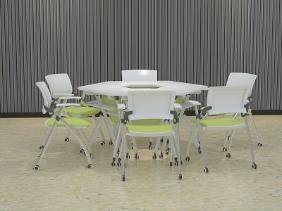 White Hexagonal Table and Chair Set With Green Cushions Wheeled Chairs and Gray Striped Wall 3d model