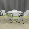 White Hexagonal Table and Chair Set With Green Cushions Wheeled Chairs and Gray Striped Wall