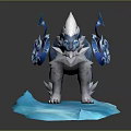Blue And White Mythical Ice Beast Game Movie Character With Decorative Blue Tails And Ice Base
