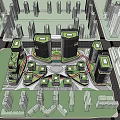 Modern High Rise Office Buildings With Green Roofs And Circular Urban Layout And Surrounding Greenery