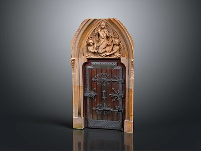 Ornate Antique Arched Wooden Door With Sculpted Figures And Metal Details 3d model