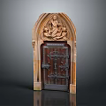 Ornate Antique Arched Wooden Door With Sculpted Figures And Metal Details