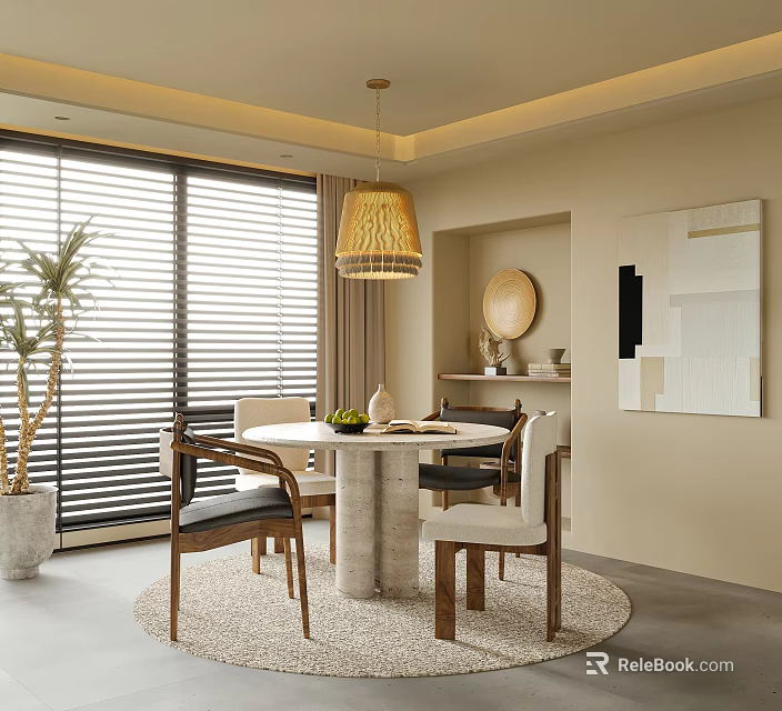 Modern Restaurant Interior Design With Round Table Pendant Light Window Blinds And Greenery 3d model