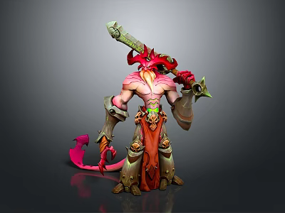 Fantasy Game Movie Character Featuring Red Horns Pink Body Large Sword Orange Cloak And Tail 3d model